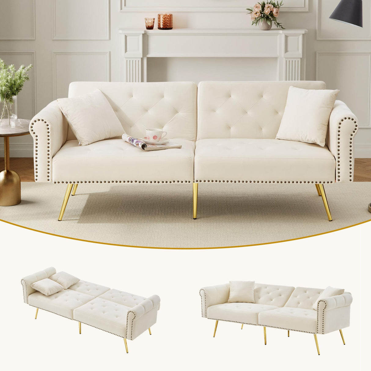 Modern 2-Seater Sofa Bed with 3-Stage Adjustable Backrest, Velvet