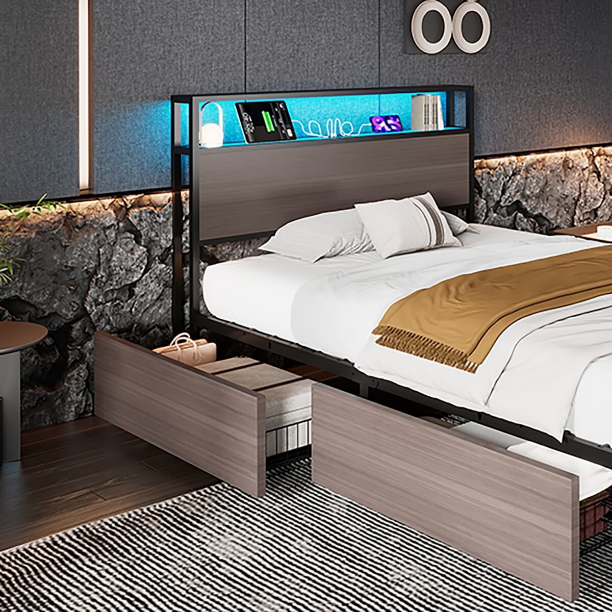 3FT Metal Bed Frame with LED Lights & 4 Drawers - Single Storage Bed with USB & Type-C Charging, Grey