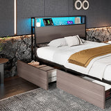 3FT Metal Bed Frame with LED Lights & 4 Drawers - Single Storage Bed with USB & Type-C Charging, Grey