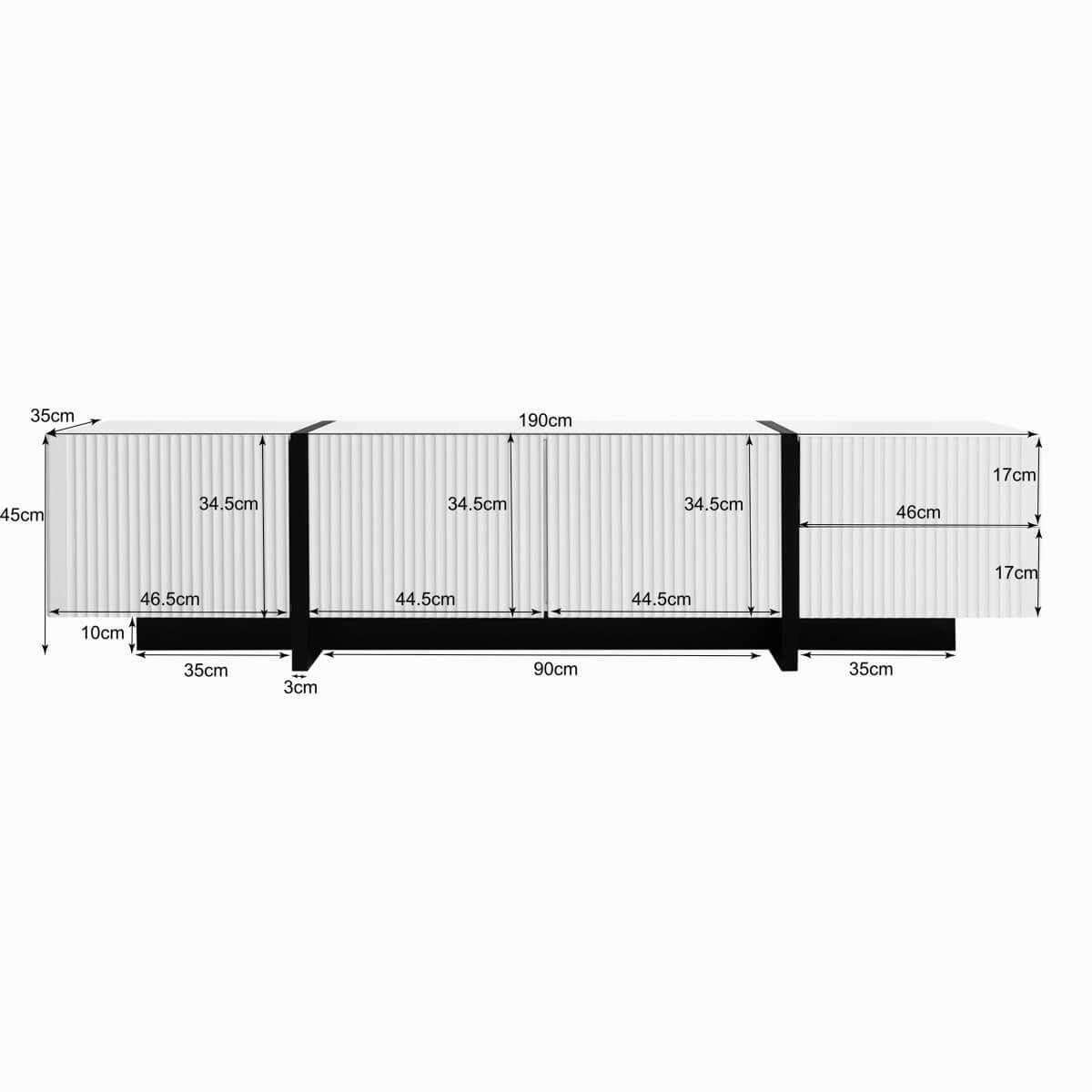 Modern Black and White TV Unit – 190cm TV Stand with 3 Doors and 2 Drawers