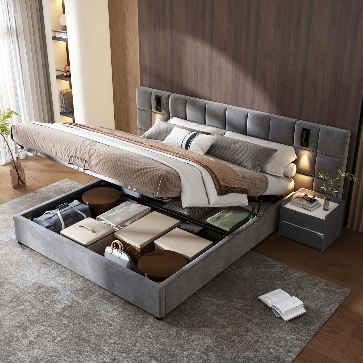 4ft6 Double Velvet Ottoman Storage Bed with USB Charging & Reading Light - Wide Headboard, Grey