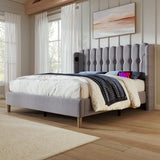 Upholstered Double Bed with USB and Type-C Charging, Bed Frame with Wooden Slatted Frame, Teenager Bed, Grey Linen Material