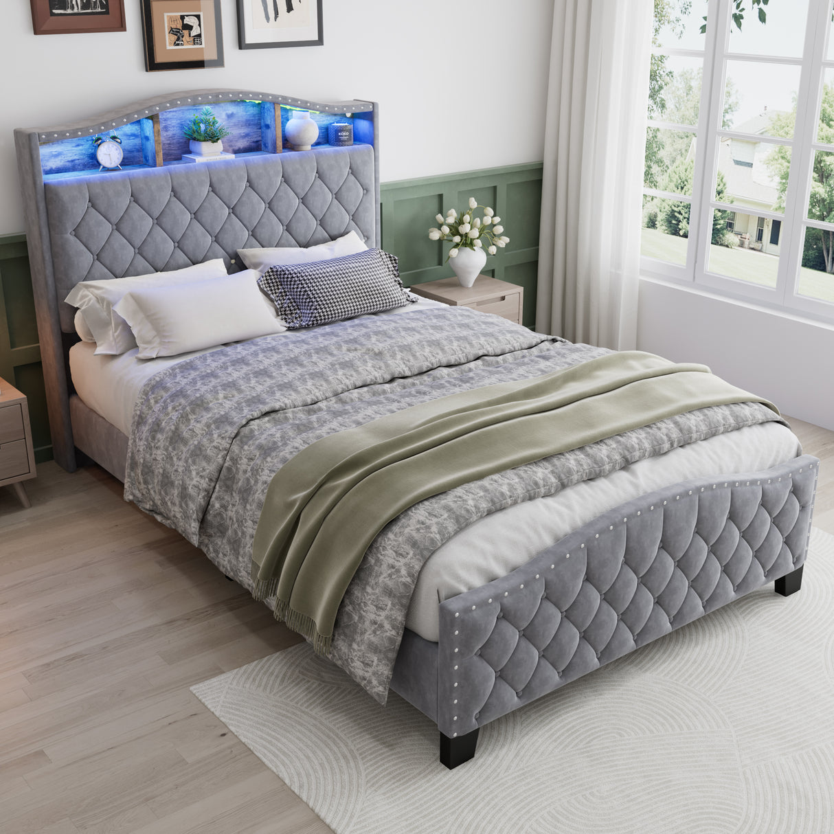 Upholstered Bed, 4ft6 double bed 135x190cm, Storage Bed, Soft backrest, With bed slats, With LED light strip, For adults & teenagers, Velvet, Grey