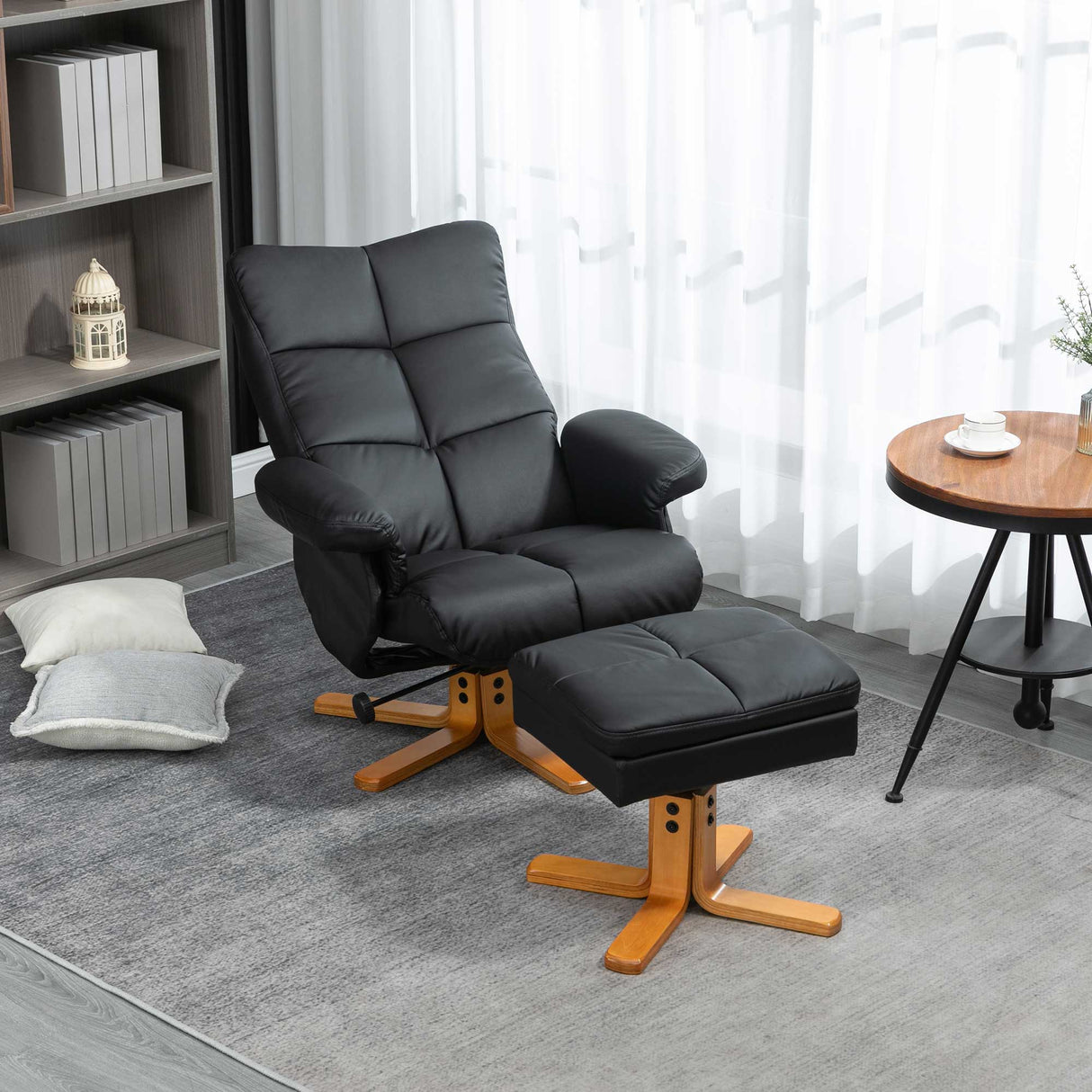 Recliner Armchair, Swivel Reclining Chair with Storage Ottoman, Black Faux Leather