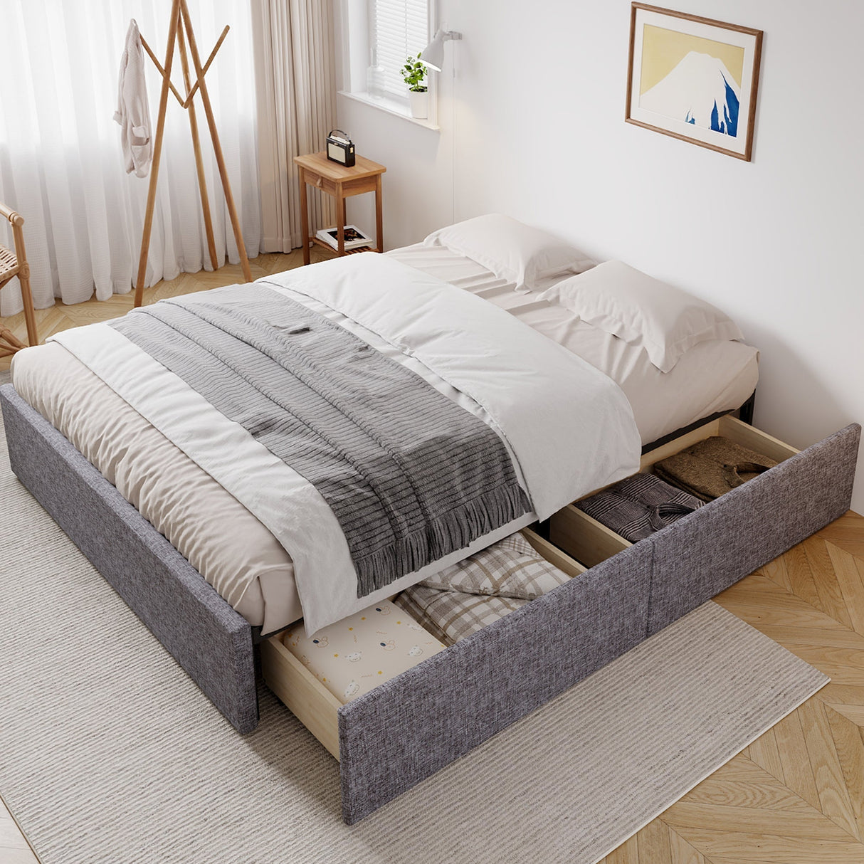 Storage Bed, Upholstered 4ft6 Double Bed with 4 Drawers, Iron Legs, Linen+Iron, Grey