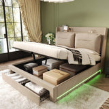 4ft6 Double Velvet Ottoman Bed - Upholstered Storage Bed with LED Lighting & End Drawers, Beige