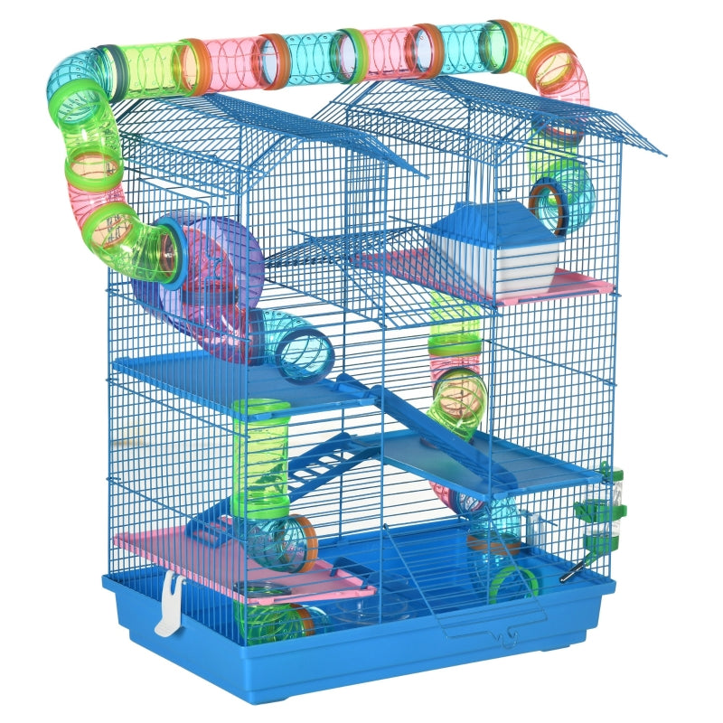 5 Tier Hamster Cage Carrier Habitat with Exercise Wheels, Tunnel, Water Bottle, Dishes, House, Ladder - Blue
