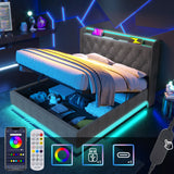 Upholstered King Ottoman Bed with 360 Surround LED Function, Hydraulic Storage, Charging Function, Linen Grey