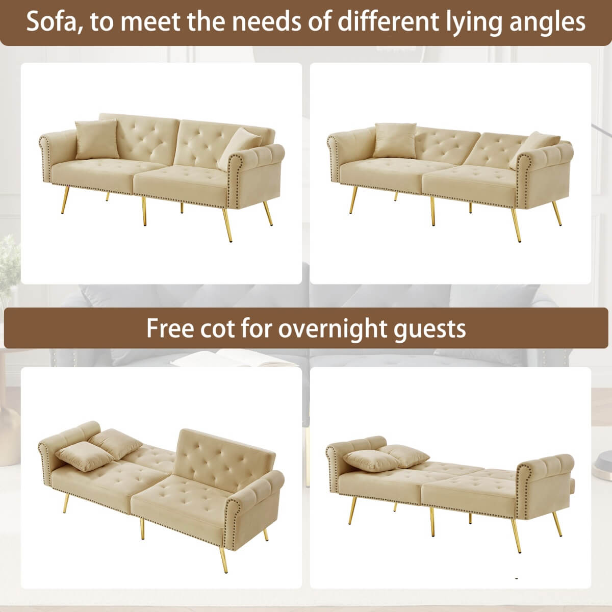2-Seater Modern Sofa Bed – Velvet Upholstery with 3-Stage Adjustable Backrest and Gold Metal Feet, Space-Saving Convertible Sofa for Small Spaces