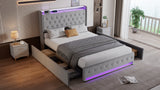 Upholstered Bed, 4ft6 Double with 4 Drawers, Light Strips & Charging Socket, Grey Velvet