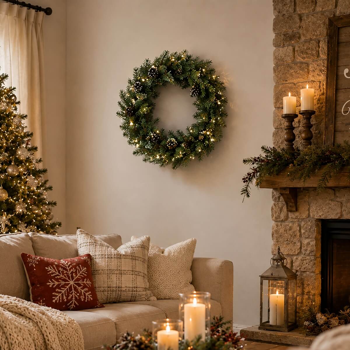 Realistic Christmas Wreath with Pine Cones - Full PVC Foliage Wreath with Pre-Lit LED Lights for Festive Door & Home Decoration