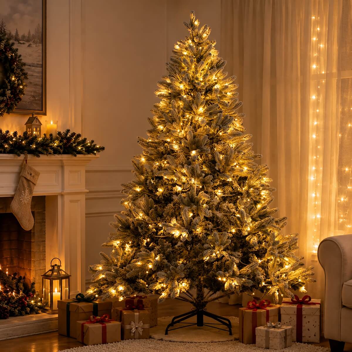 Realistic Snow-Flocked Green Artificial Christmas Tree - Full PVC & PE Mixed-Foliage Xmas Tree with Pre-Lit Warm White LED Lights & Faux Snow Effect, 6ft/7ft/8ft