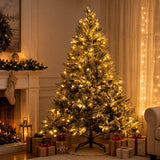 Realistic Snow-Flocked Green Artificial Christmas Tree - Full PVC & PE Mixed-Foliage Xmas Tree with Pre-Lit Warm White LED Lights & Faux Snow Effect, 6ft/7ft/8ft