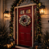 Snow-Flocked Christmas Wreath with Pine Cones & Red Berries - PVC Wreath with Pre-Lit LED Lights