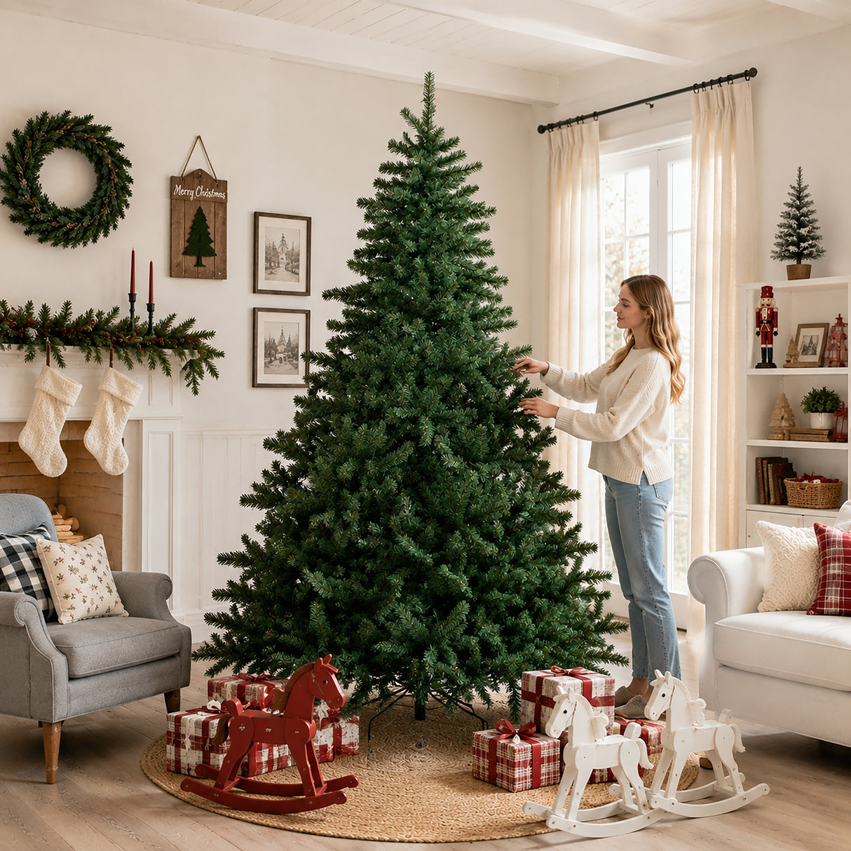 Realistic Full Green Artificial Christmas Tree - PVC Xmas Tree for Easy Setup & Indoor Festive Decoration, 6ft/7ft/8ft