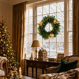 Christmas Wreath with Gold Flowers & Red Berries - PVC Wreath with Pre-Lit LED Lights & Gold Branches