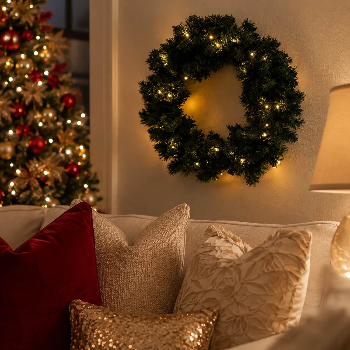 Pre-Lit Artificial Christmas Wreath - Realistic PVC Foliage Wreath with Warm White LED Lights for Door & Home Decoration