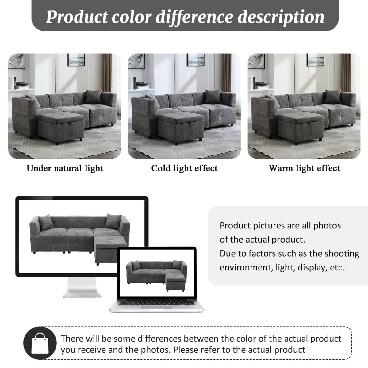 L-Shaped Corner Sofa - 80" Fabric Sectional Sofa with Removable Storage Ottoman & 2 Cushions, Grey