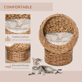 Wicker Cat Bed, Raised Rattan Basket with Washable Cushion - Brown