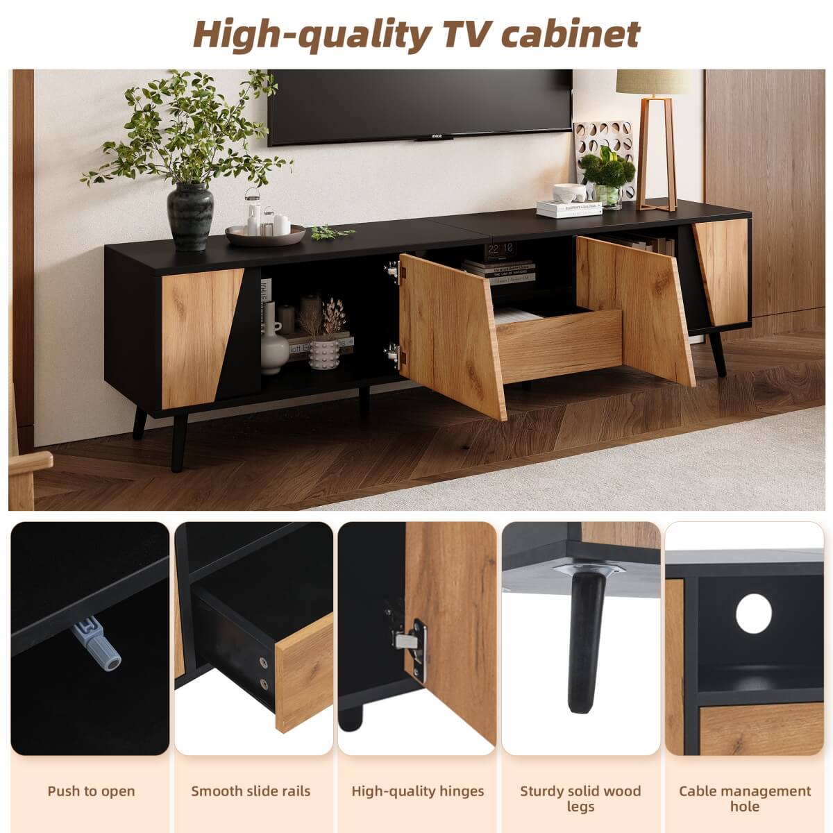 Wood & Black TV Stand Cabinet – 1 Drawer, 2 Doors, Entertainment Console for Living Room, Fits Up to 75" TV