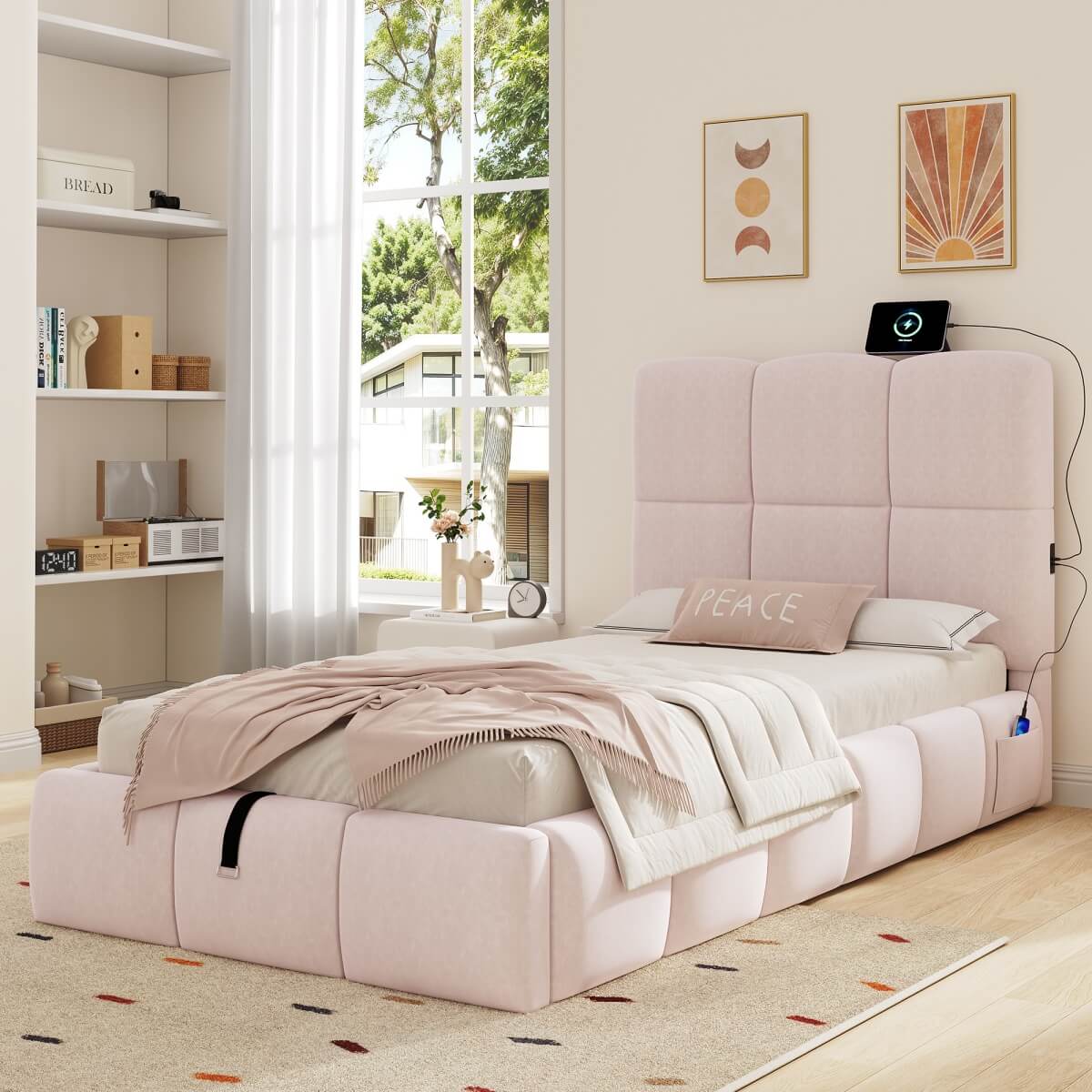 3ft Velvet Upholstered Storage Bed - Single Hydraulic Bed with Headboard, Pink