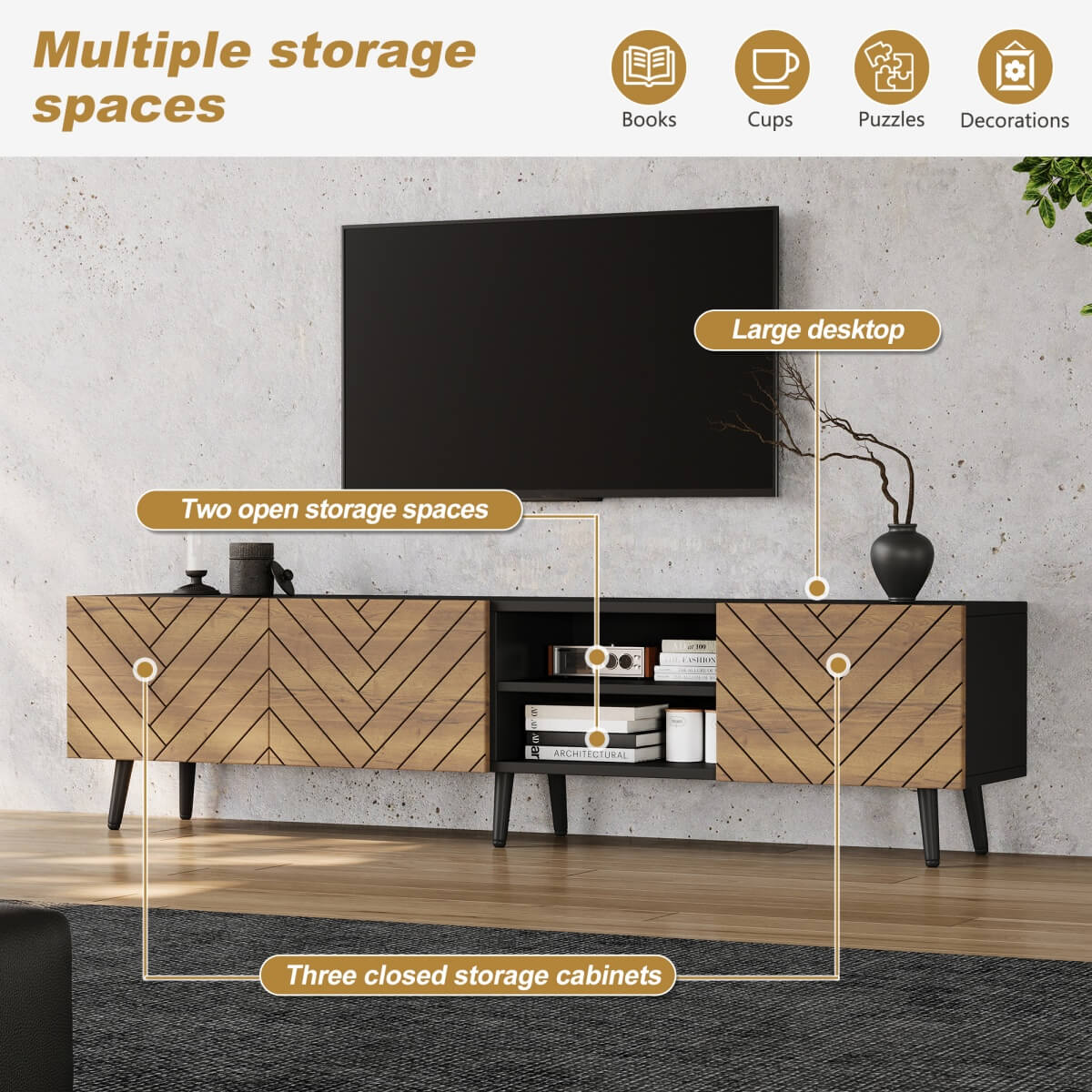 Modern Geometric TV Stand - Black Media Console with Storage Cabinets & Open Shelf
