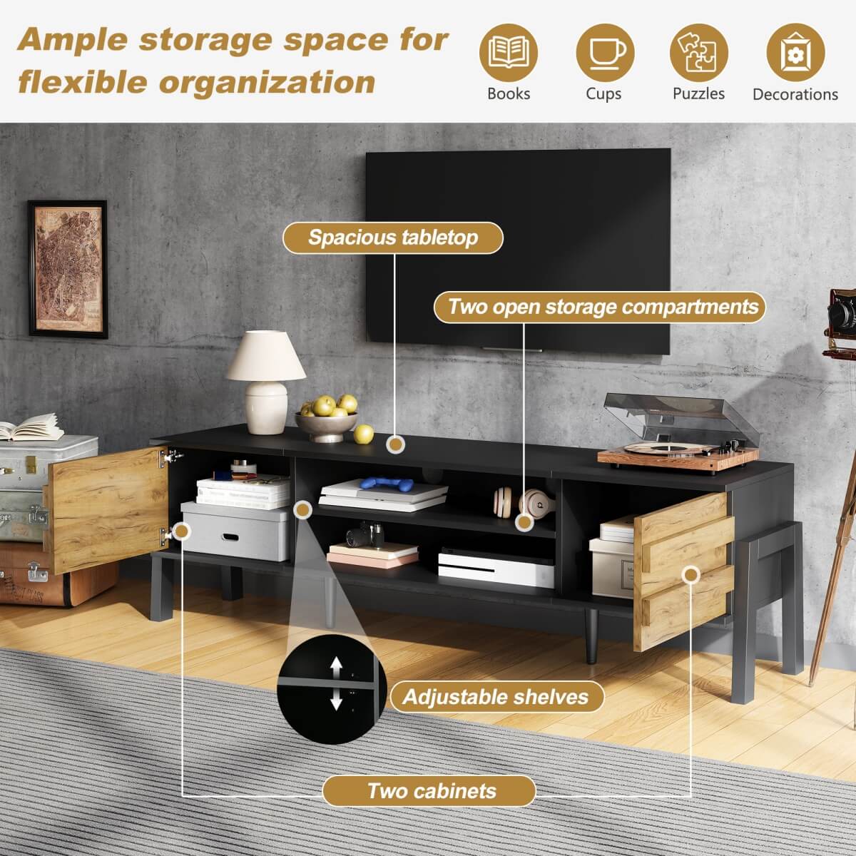 TV Unit with Storage – 2 Cabinets & Open Shelves, Natural Wood & Black