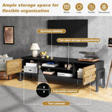 TV Unit with Storage – 2 Cabinets & Open Shelves, Natural Wood & Black