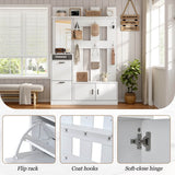 Modern White Hall Tree Entryway Set with Mirror - Freestanding Coat Rack and Shoe Storage Cabinet with 6 Hooks and Shoe Bench