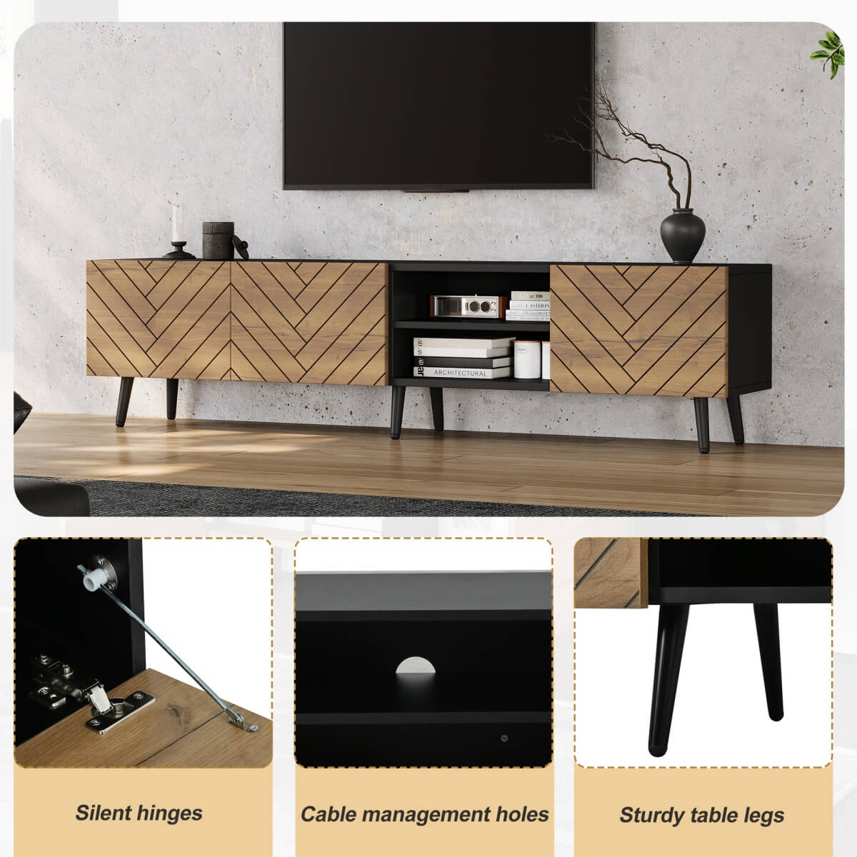 Modern Geometric TV Stand - Black Media Console with Storage Cabinets & Open Shelf
