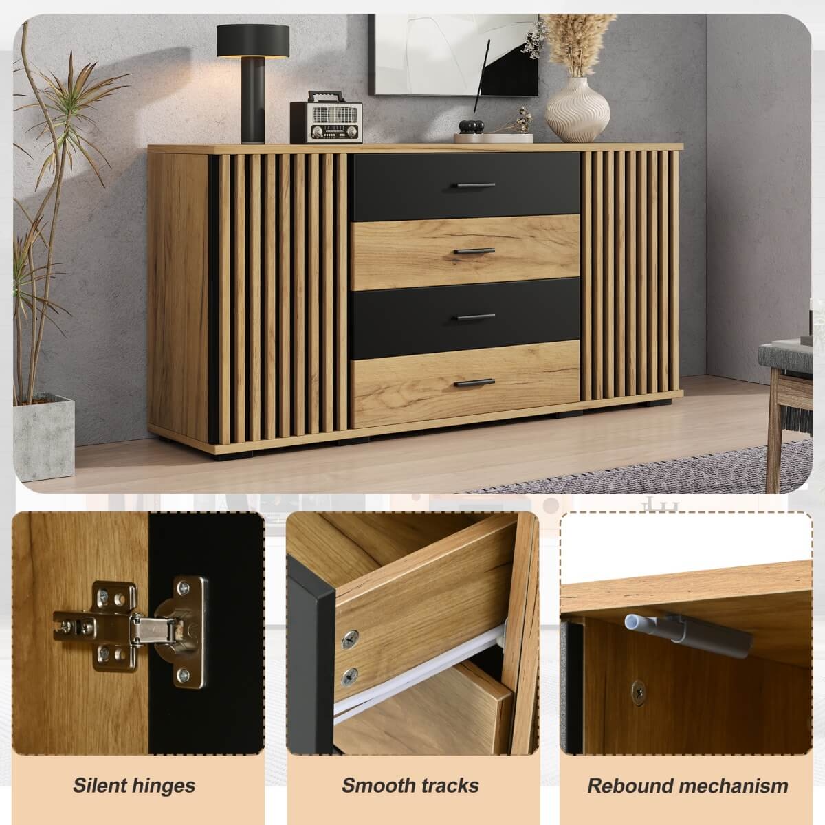 Fluted Sideboard with 4 Drawers and 2 Doors - Oak and Black Storage Cabinet