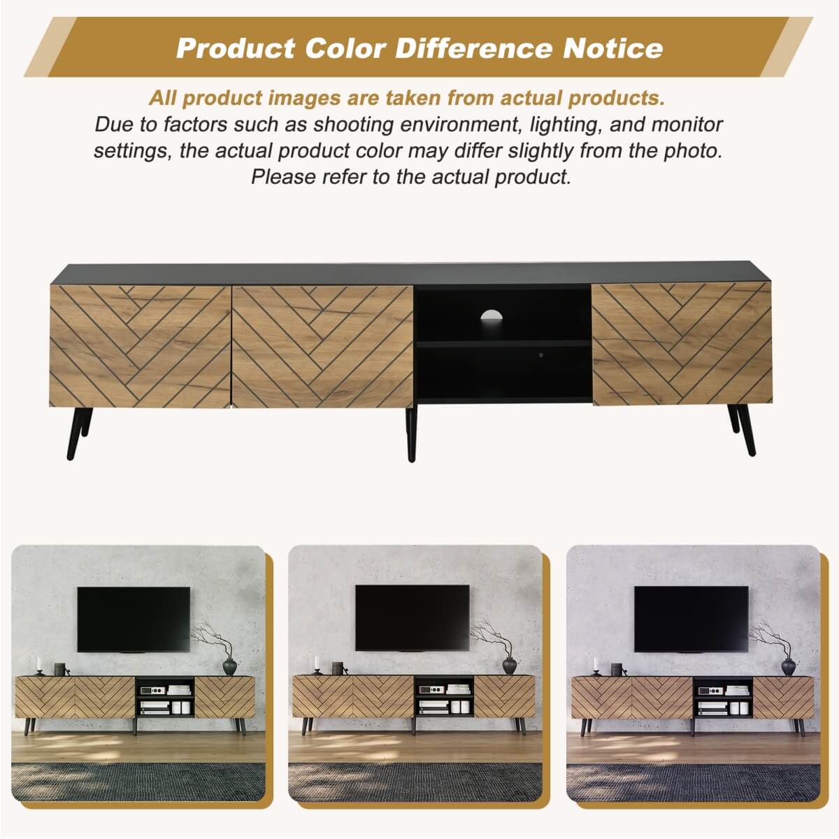 Modern Geometric TV Stand - Black Media Console with Storage Cabinets & Open Shelf