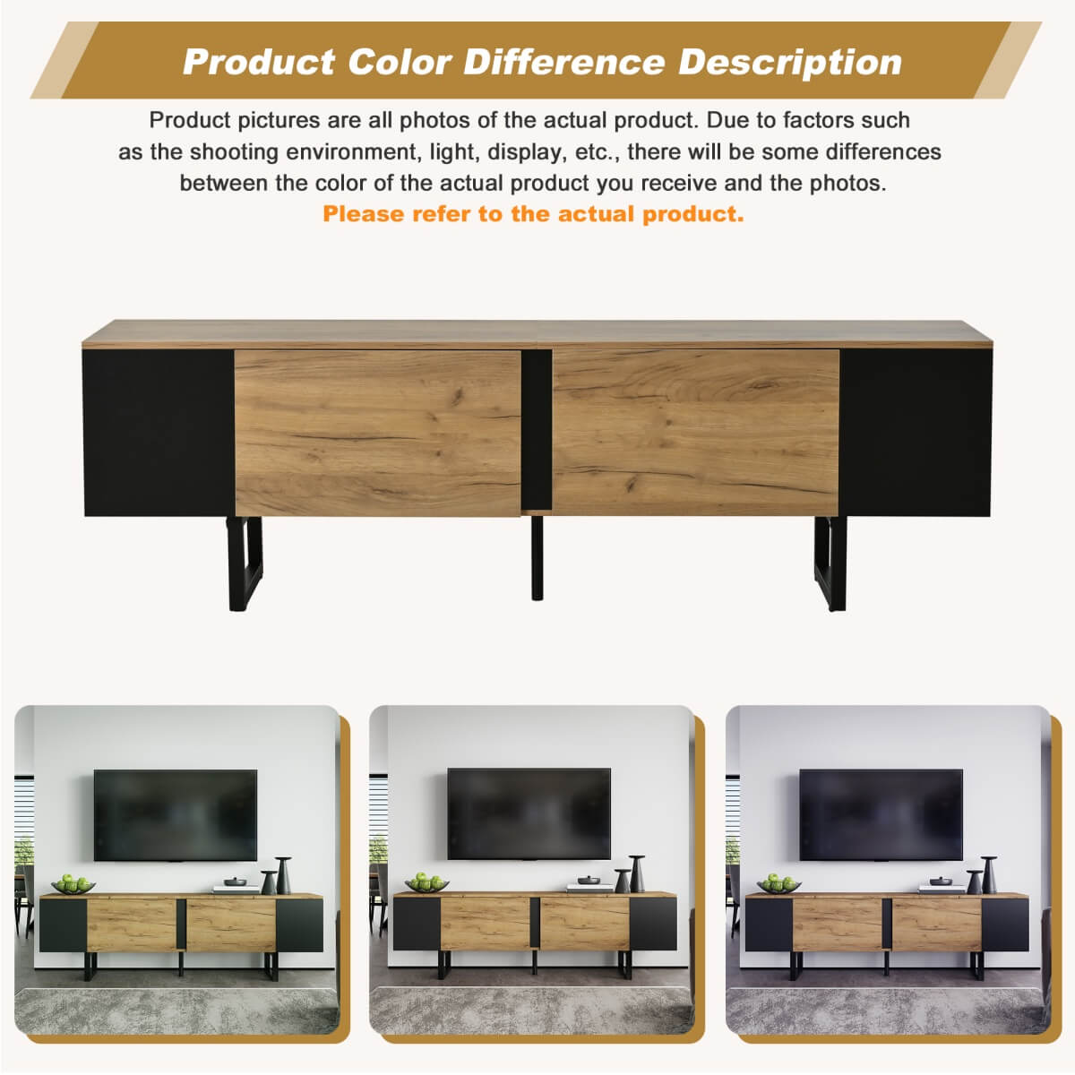TV Unit - 2 Cabinets and Open Storage, Fits up to 75 Inch TV, Wood and Black