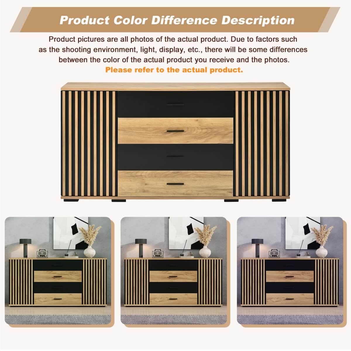Fluted Sideboard with 4 Drawers and 2 Doors - Oak and Black Storage Cabinet