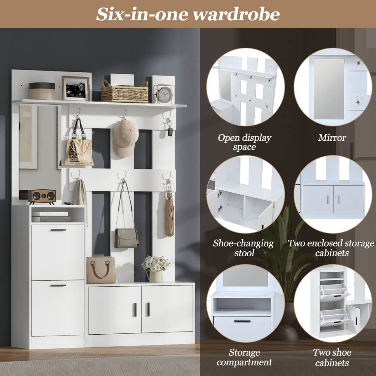 Modern White Hall Tree Entryway Set with Mirror - Freestanding Coat Rack and Shoe Storage Cabinet with 6 Hooks and Shoe Bench