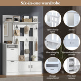 Modern White Hall Tree Entryway Set with Mirror - Freestanding Coat Rack and Shoe Storage Cabinet with 6 Hooks and Shoe Bench