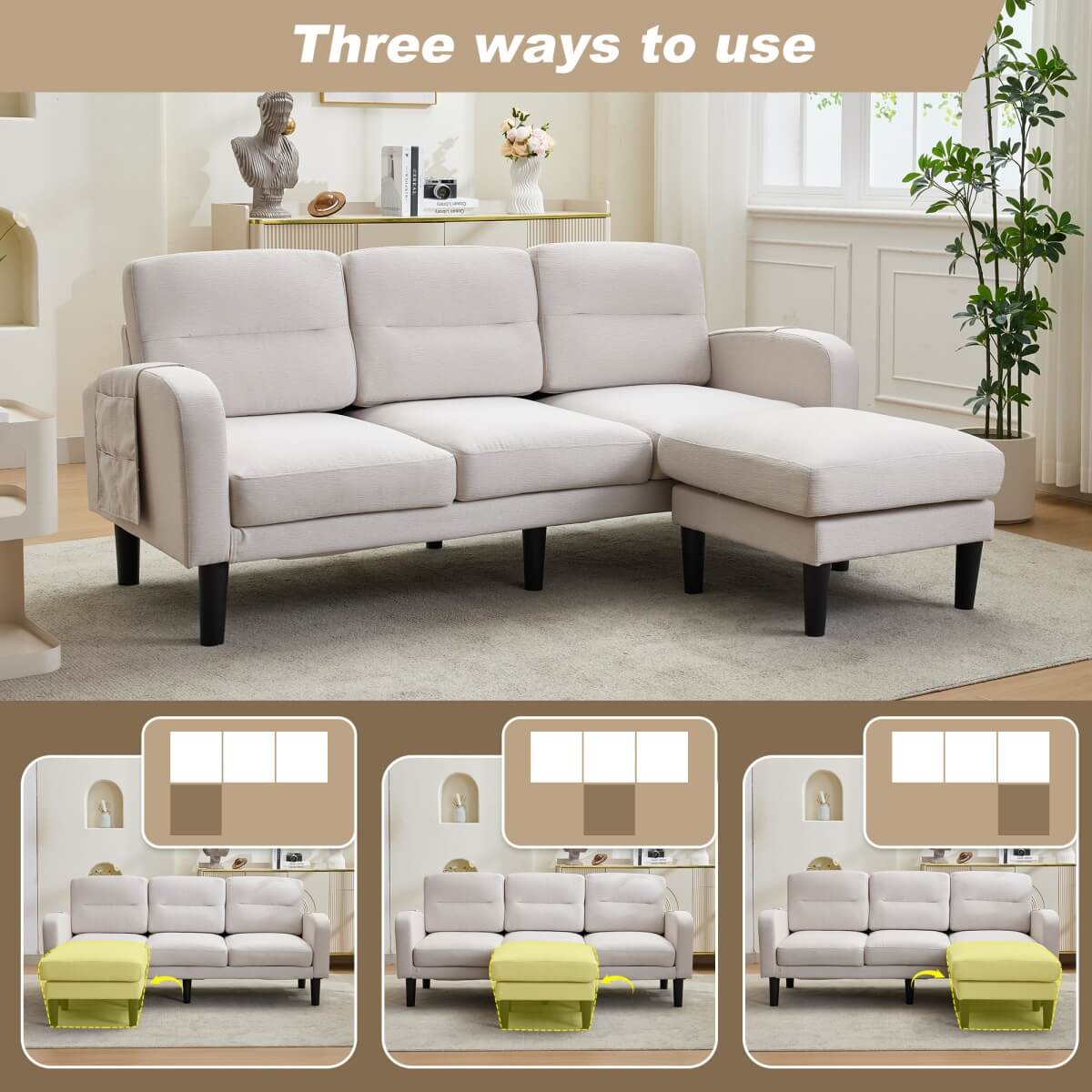 L-Shaped Corner Sofa - 3 Seater Modular Sectional Sofa with Chaise, Side Storage Pockets, Beige