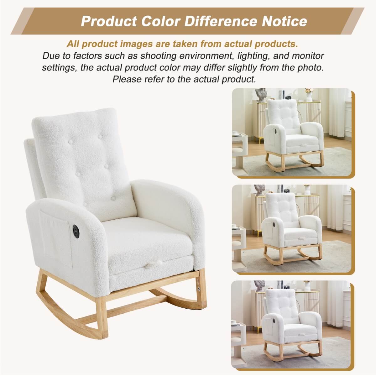 Rocking Chair with USB Charging Ports - Teddy Fabric Nursing Chair with Adjustable Footrest, Side Pocket for Nursery, Living Room & Bedroom, White