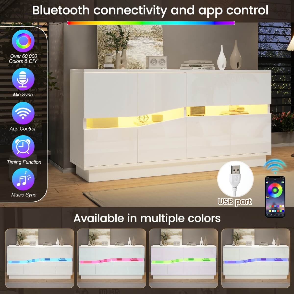 High Gloss White Sideboard with LED Lights - Modern Freestanding Storage Cabinet with 2 Adjustable Shelves and 4 Storage Compartments for Dining and Living Room
