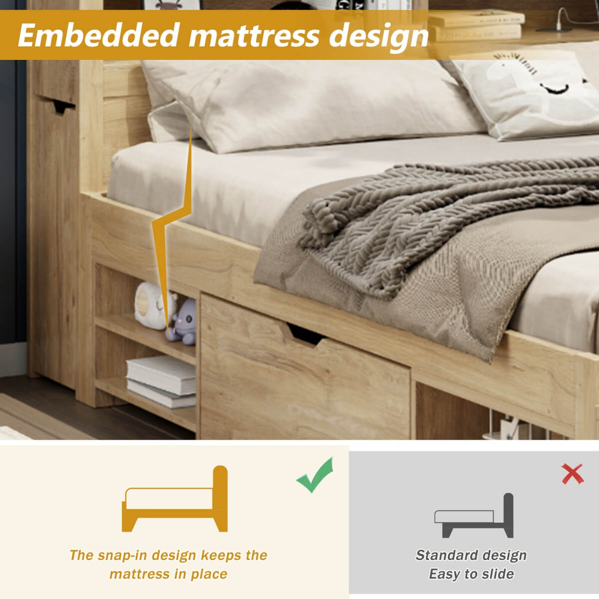 4ft6 Double Children’s Bed – Wooden Bed Frame with Drawers, Bookcase and Storage Cupboard