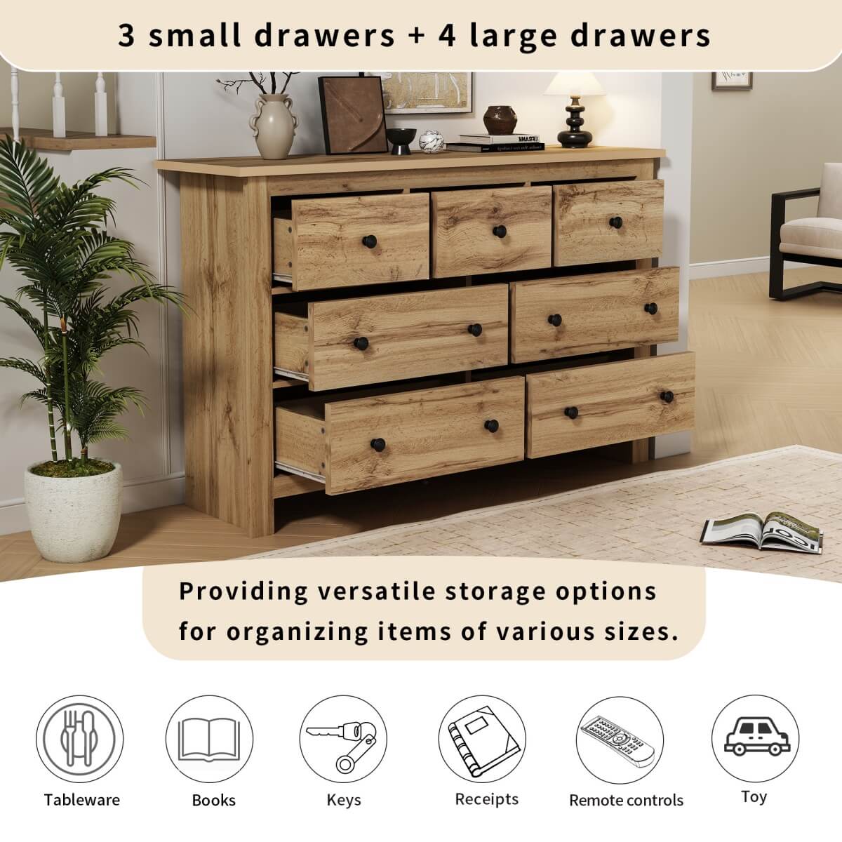 Modern Vintage Storage Sideboard with 7 Drawers - Multi-Room Cabinet, Wood Color