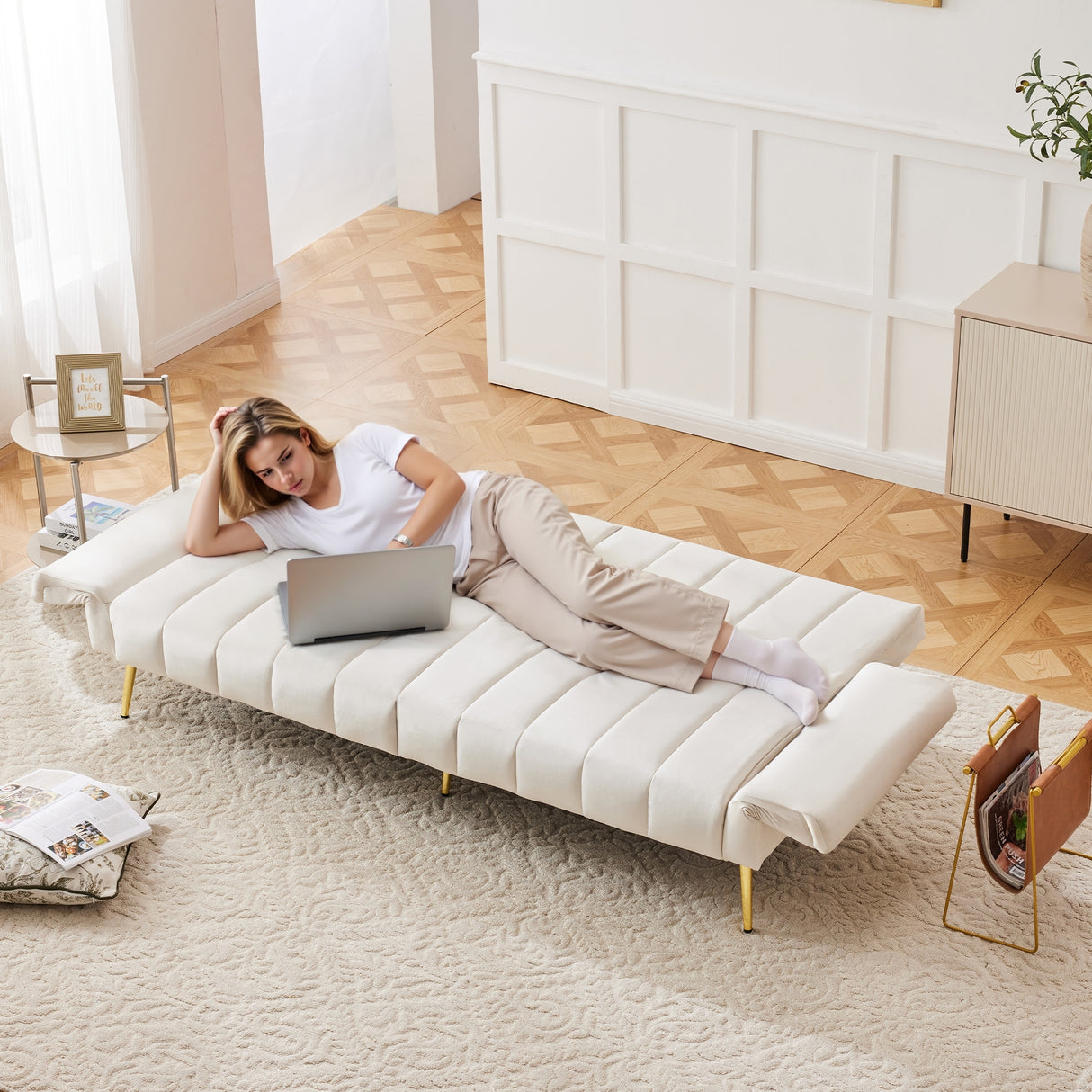 Modern Adjustable Velvet Sofa Bed with MultiPosition Backrest & Armrests, Metal Legs, Convertible Sleeper Function, Ideal for Living Room, Bedroom, Home Theater & Guest Room, Beige, Video Included