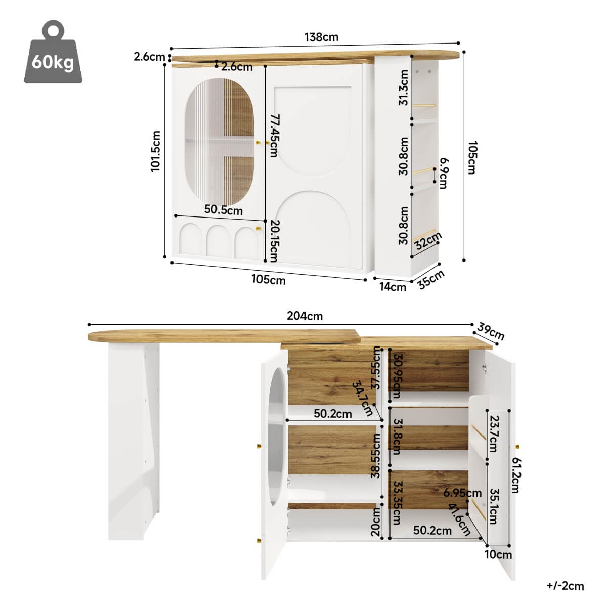 Modern Swivel Bar Table with Storage - White Rotating Kitchen Island with Shelves and 2 Doors
