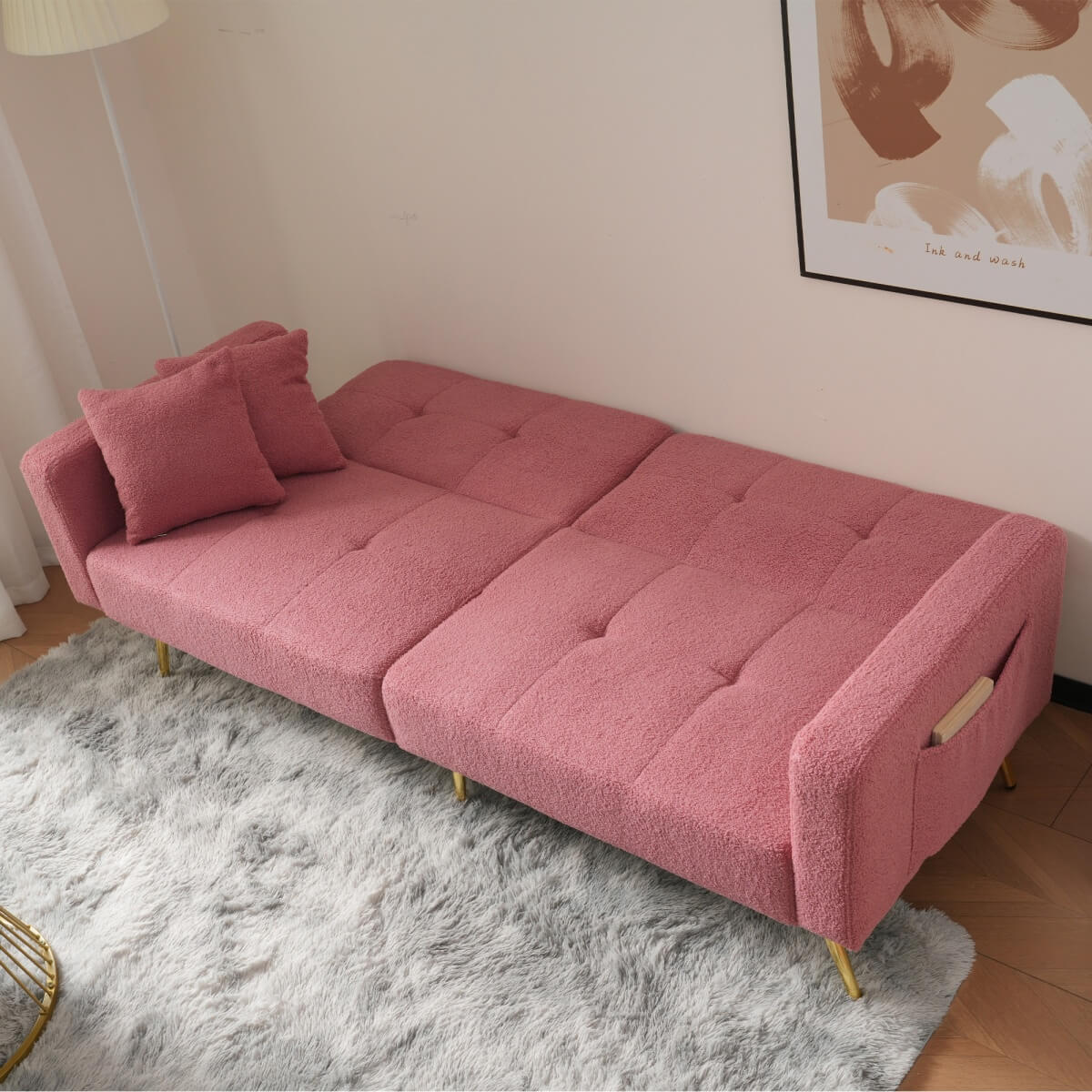 Modern Convertible Sofa Bed - Adjustable Recliner Sofa with Gold Legs and Side Storage Pockets, Pink