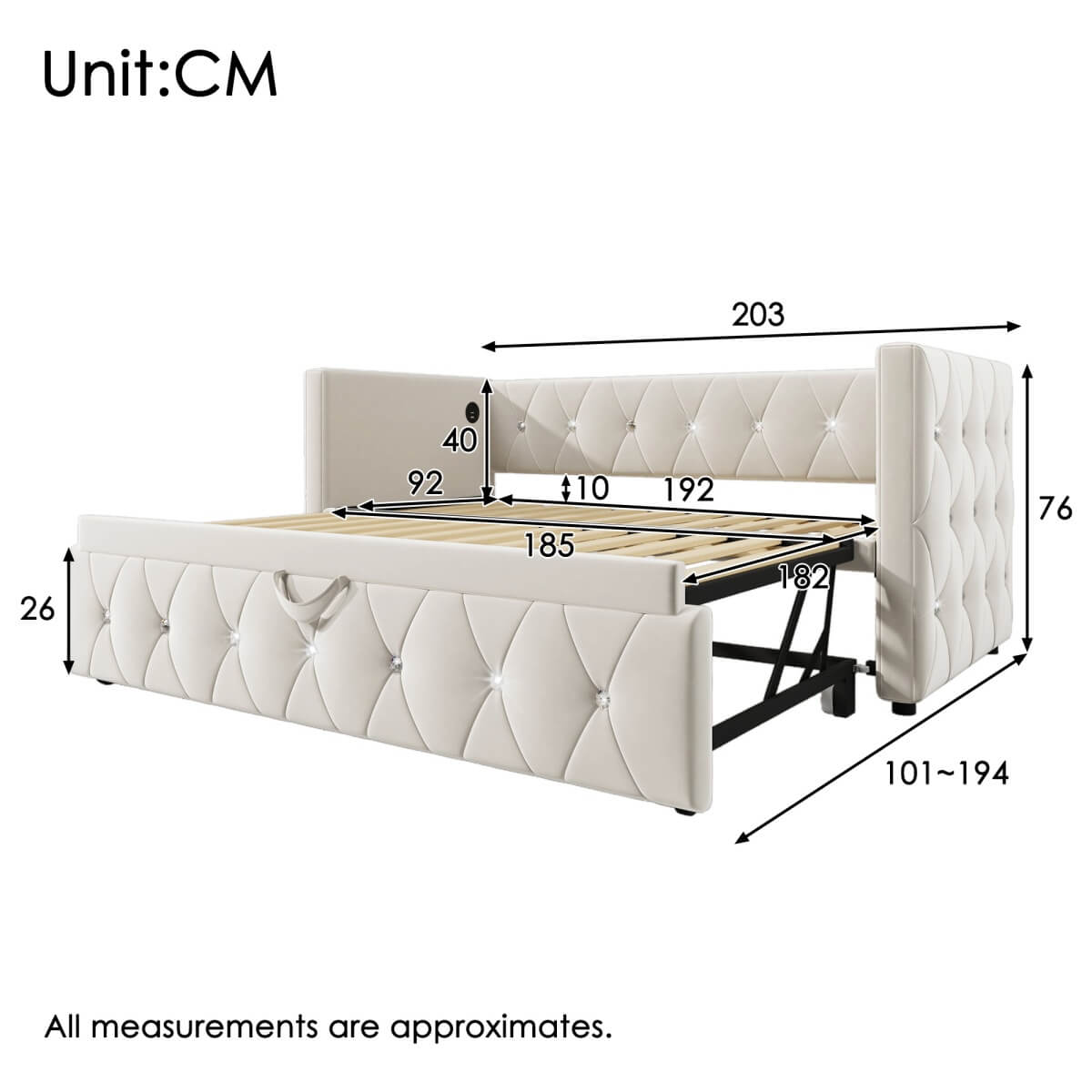 3ft Velvet Daybed with Trundle - Upholstered Sofa Bed with USB & Type-C Charging Ports, Beige