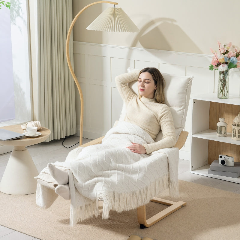 Curved Wooden Accent Chair with Adjustable Footrest, Cream White