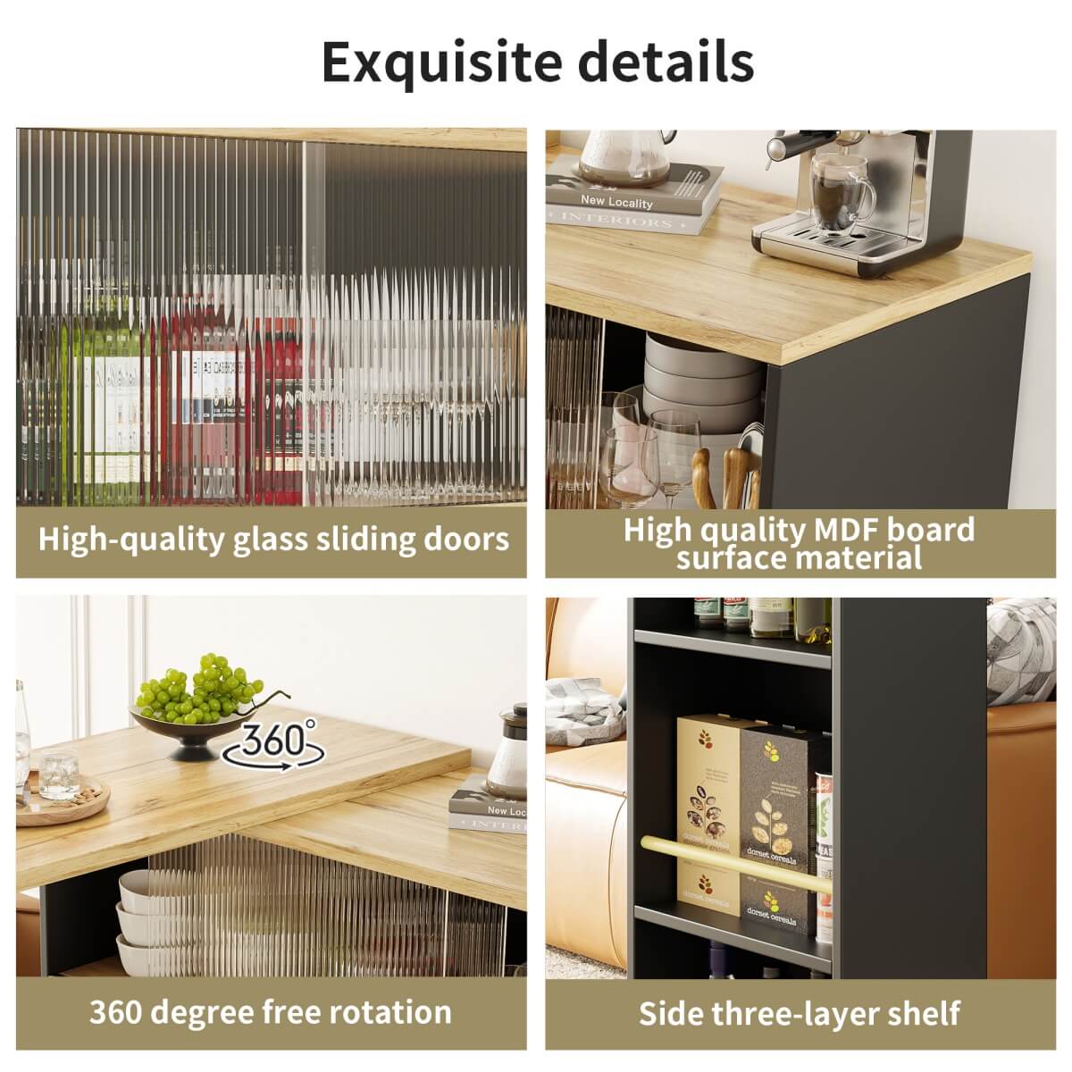 360° Swivel Kitchen Bar Sideboard - Modern Black Multifunctional Storage Cabinet with Glass Shelves