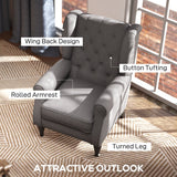 Retro Accent Chair, Wingback Armchair with Wood Frame, Dark Grey Linen