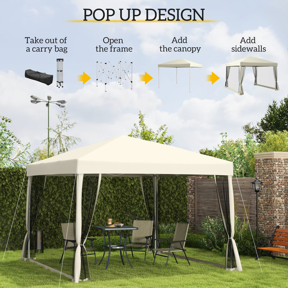 Pop Up Gazebo with 4 Mesh Sides, Carry Bag, Adjustable Height - 3x3m