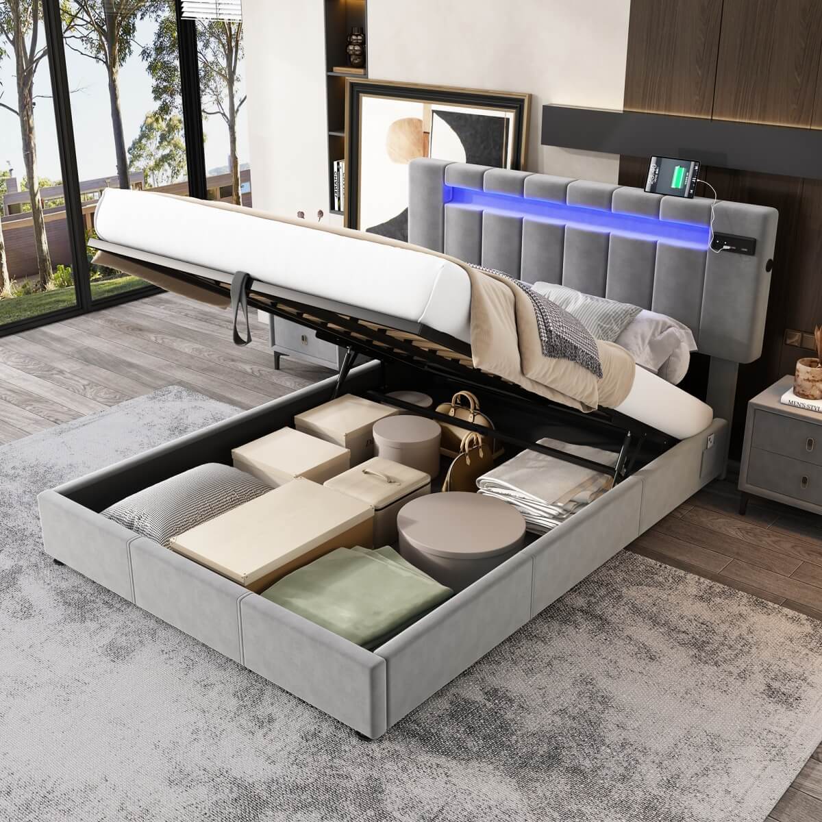 4ft6 Double Velvet Hydraulic Storage Bed - LED Bed with Bluetooth Speaker, USB & Side Pockets, Grey